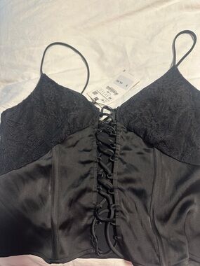 Black Lace-Trim Satin Camisole with Front Lace-Up -